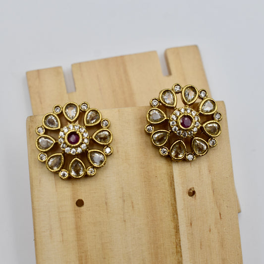 Gold-Plated Floral Kundan Stud Earrings with Ruby Red Center
