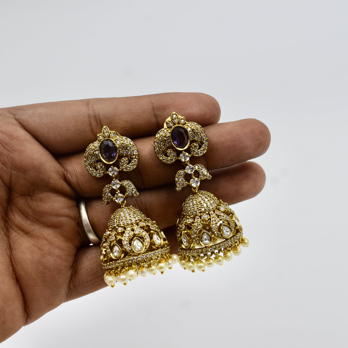 Gold-Plated Purple Stone Kundan Jhumka Earrings with Pearl Drops