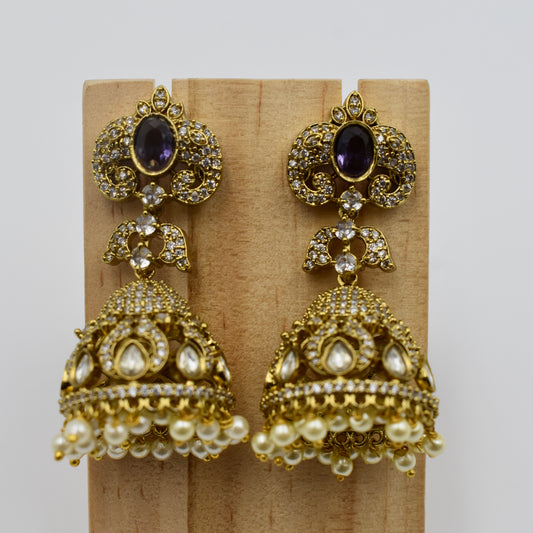 Gold-Plated Purple Stone Kundan Jhumka Earrings with Pearl Drops