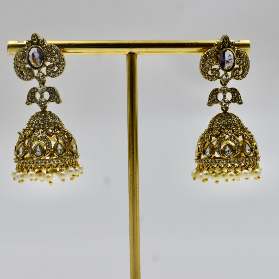 Gold-Plated Purple Stone Kundan Jhumka Earrings with Pearl Drops