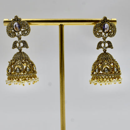 Gold-Plated Purple Stone Kundan Jhumka Earrings with Pearl Drops