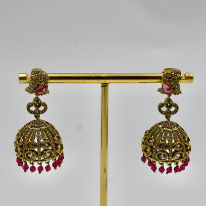 Gold-Plated Ruby Red Stone Jhumka Earrings with Kundan & Crystal Work