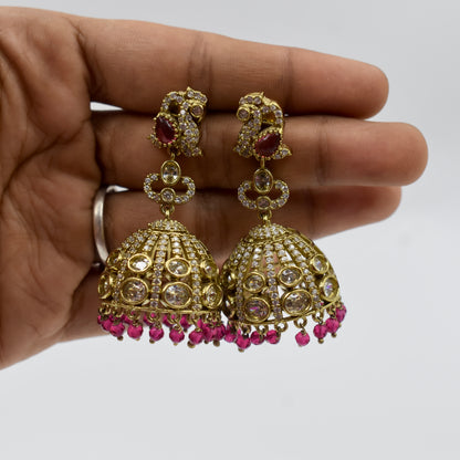 Gold-Plated Ruby Red Stone Jhumka Earrings with Kundan & Crystal Work