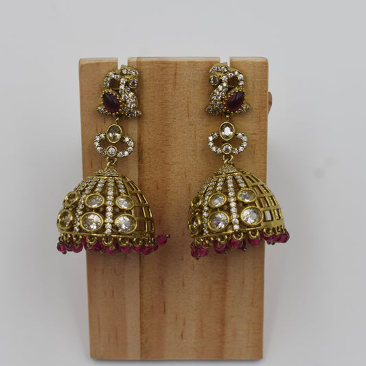 Gold-Plated Ruby Red Stone Jhumka Earrings with Kundan & Crystal Work