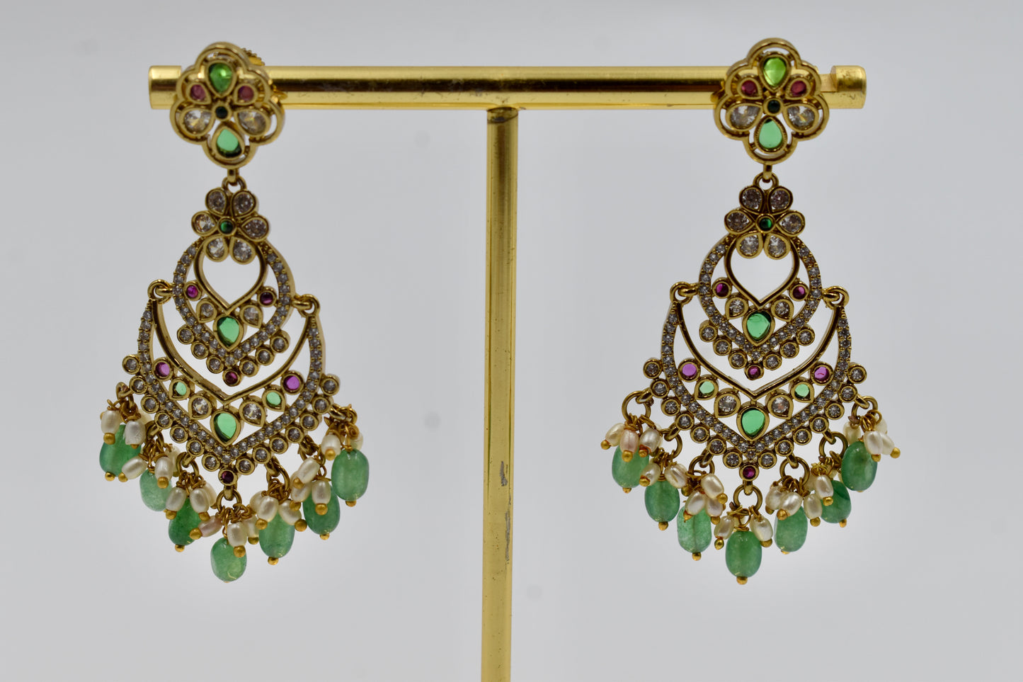 Gold-Plated Multicolor Kundan Chandelier Earrings with Green Beads