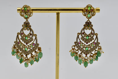 Gold-Plated Multicolor Kundan Chandelier Earrings with Green Beads