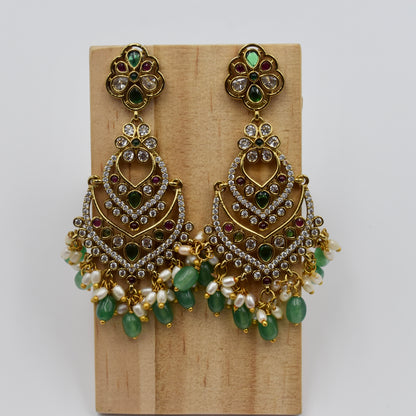 Gold-Plated Multicolor Kundan Chandelier Earrings with Green Beads