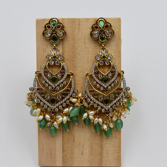 Gold-Plated Multicolor Kundan Chandelier Earrings with Green Beads