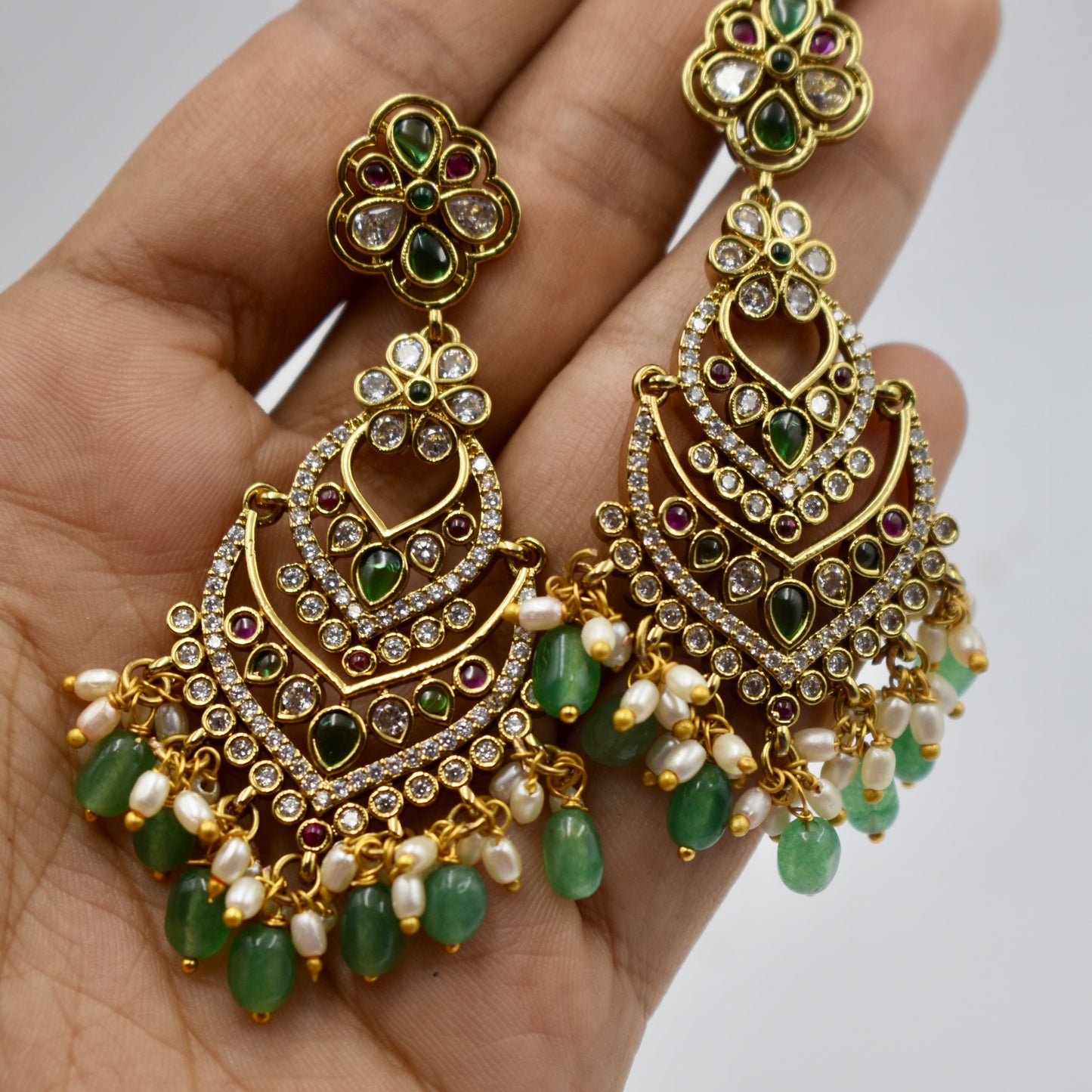Gold-Plated Multicolor Kundan Chandelier Earrings with Green Beads