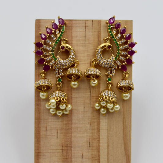 Gold-Plated Peacock Design Kundan Jhumka Earrings with Ruby & Pearl Drops