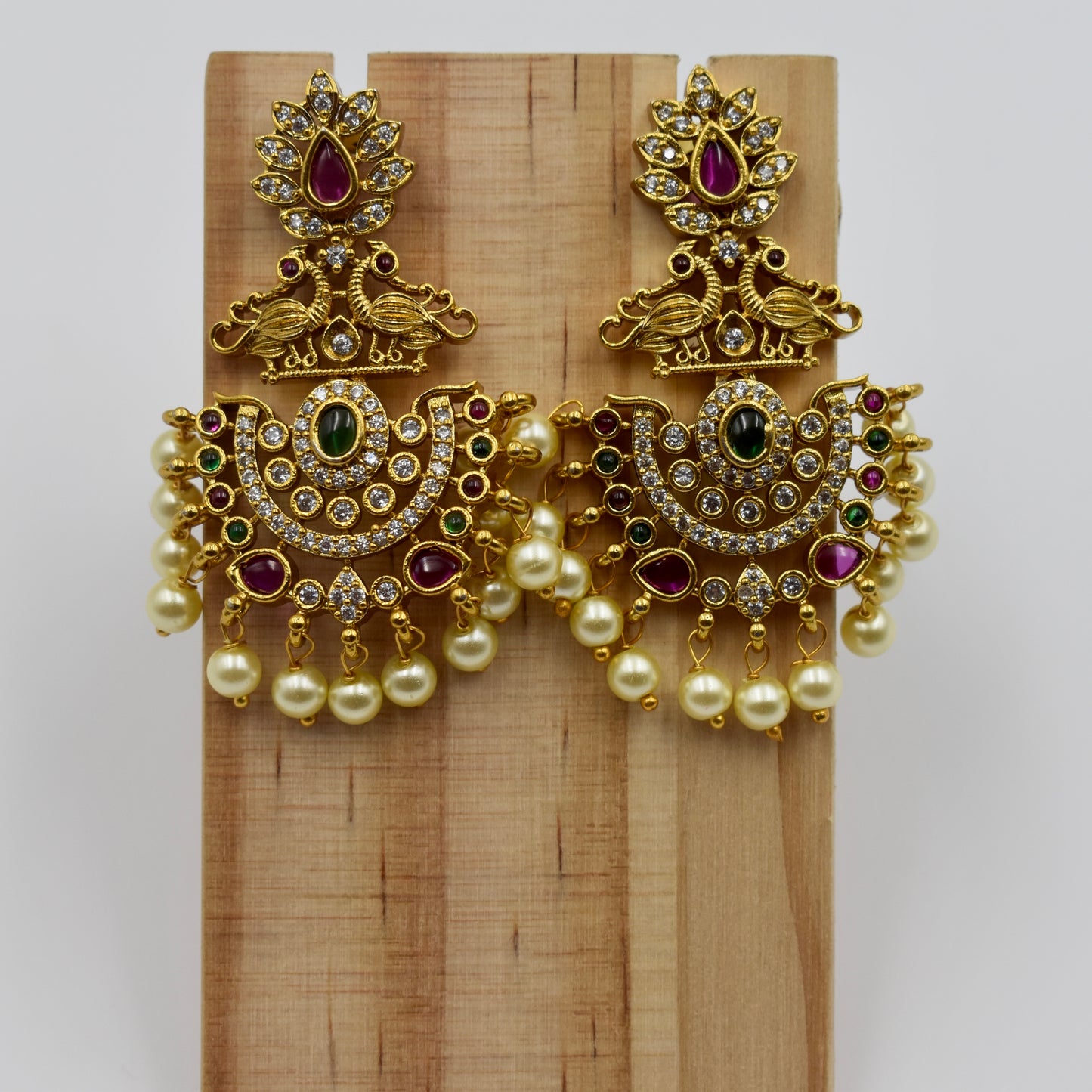 Gold-Plated Temple Design Earrings with Ruby, Green Stones & Pearl Drops