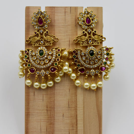 Gold-Plated Temple Design Earrings with Ruby, Green Stones & Pearl Drops