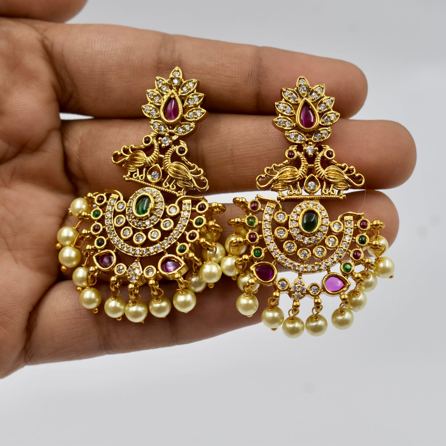 Gold-Plated Temple Design Earrings with Ruby, Green Stones & Pearl Drops