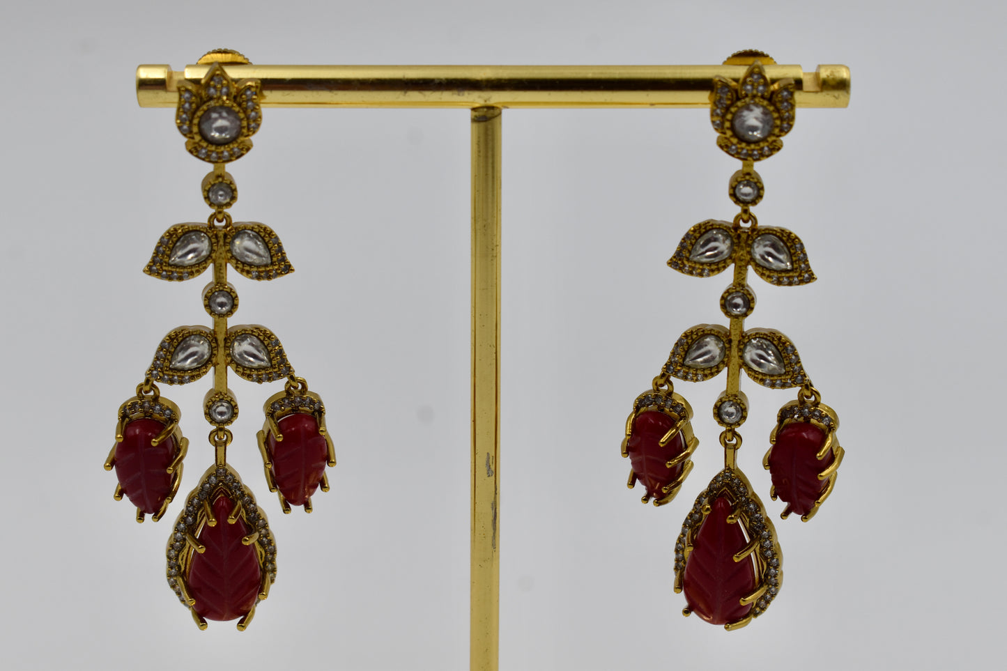 Gold-Plated Red Carved Stone Kundan Long Drop Earrings