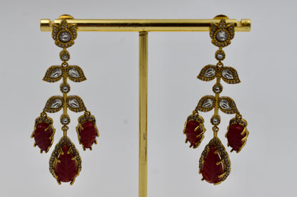 Gold-Plated Red Carved Stone Kundan Long Drop Earrings
