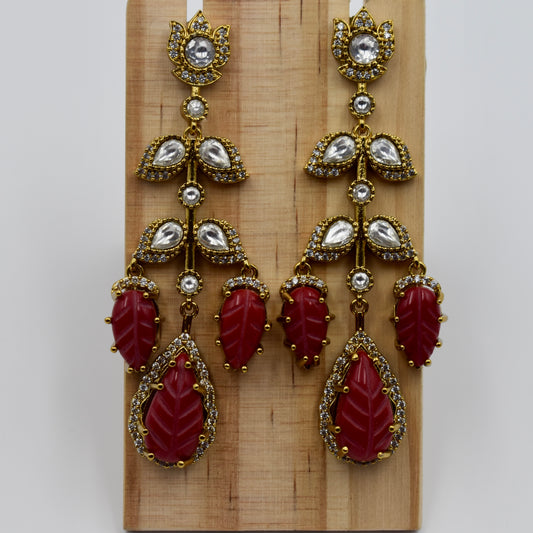 Gold-Plated Red Carved Stone Kundan Long Drop Earrings