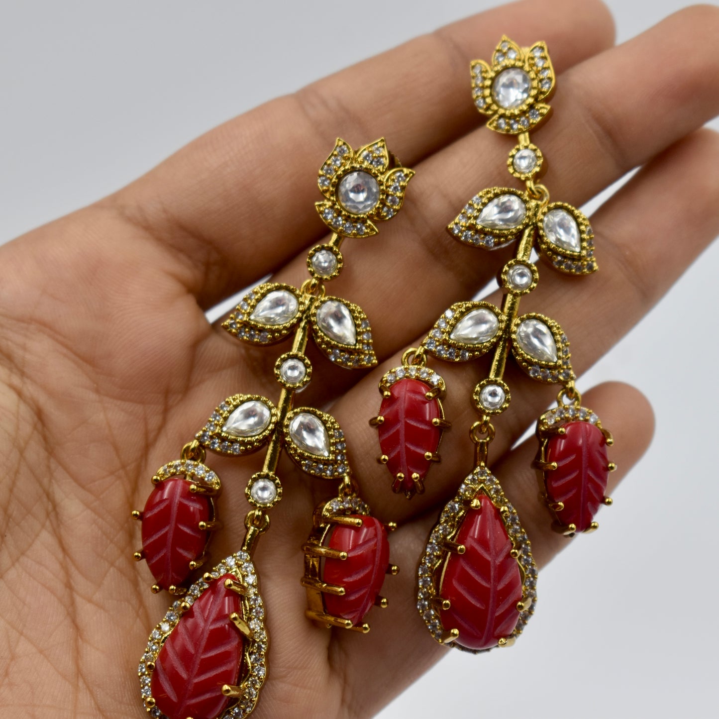 Gold-Plated Red Carved Stone Kundan Long Drop Earrings