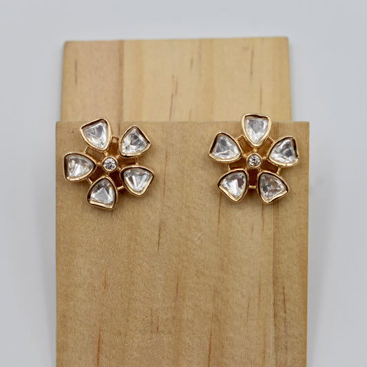 Gold-Plated Floral Kundan Stud Earrings with Clear Stones