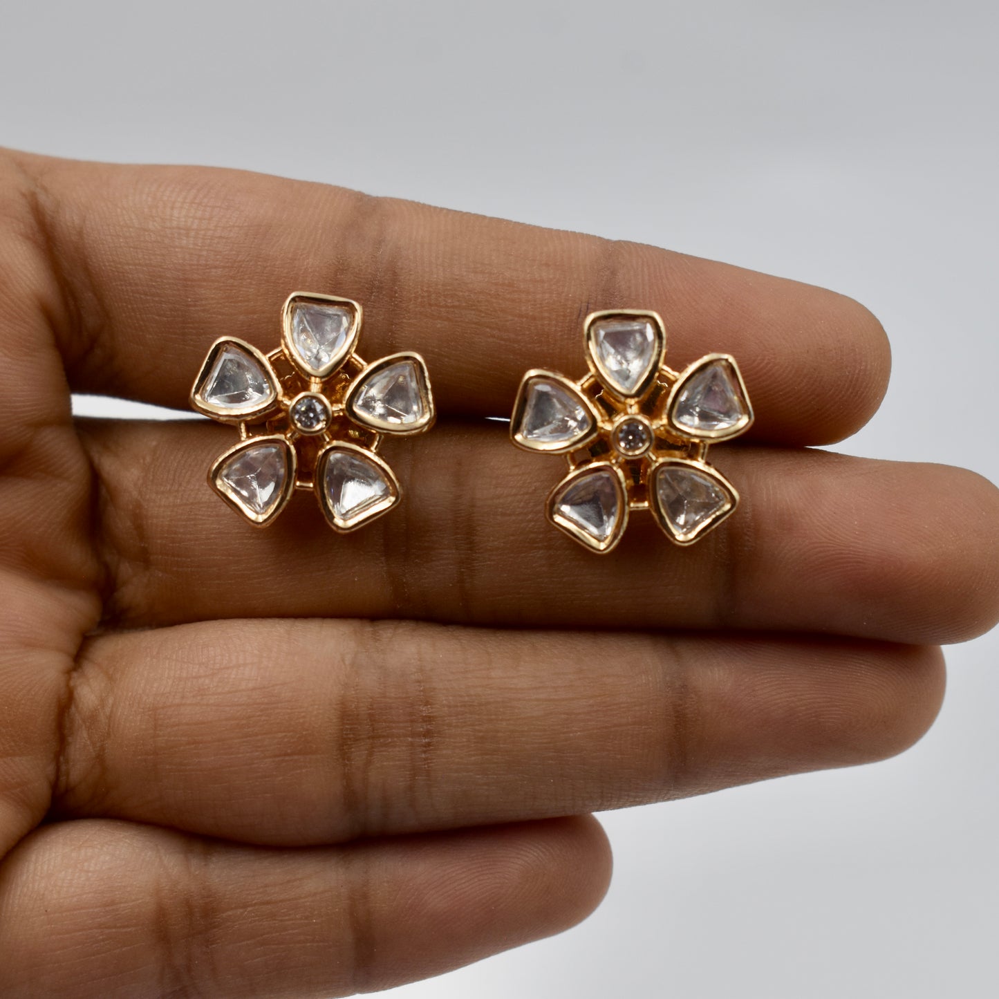 Gold-Plated Floral Kundan Stud Earrings with Clear Stones