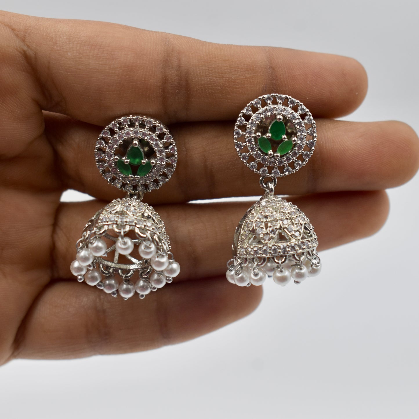 Silver-Plated Green Stone & Pearl Jhumka Earrings