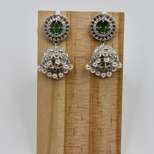 Silver-Plated Green Stone & Pearl Jhumka Earrings