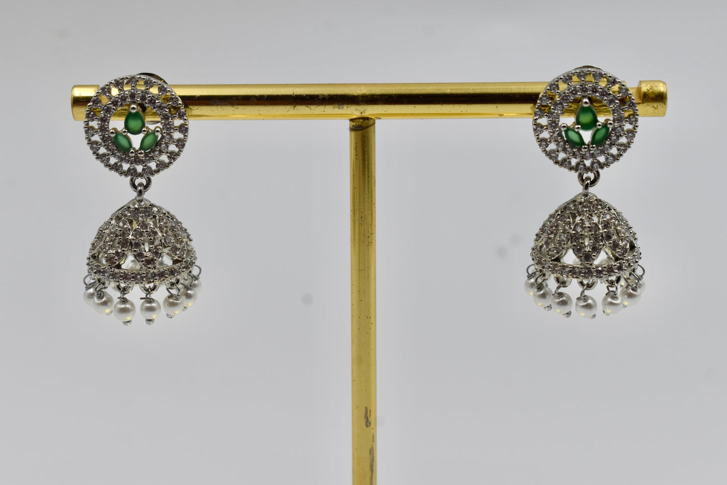 Silver-Plated Green Stone & Pearl Jhumka Earrings