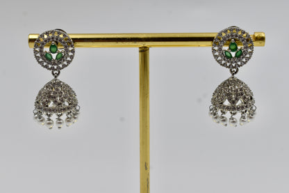 Silver-Plated Green Stone & Pearl Jhumka Earrings