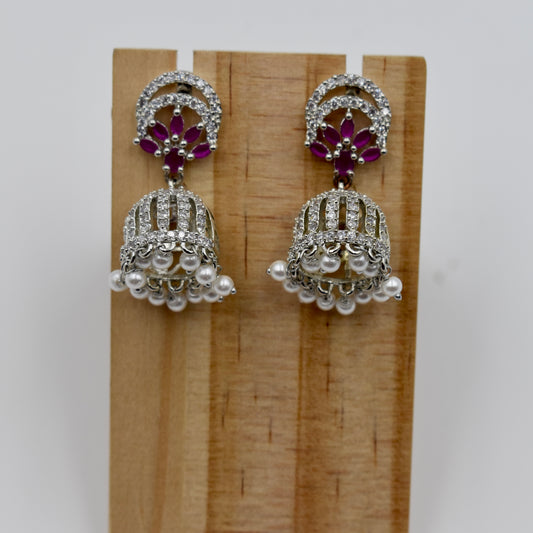 Silver-Plated Ruby Stone Jhumka Earrings with Pearl Drops