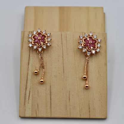 Rose-Gold Plated Floral Stud Earrings with Dangling Chain Drops
