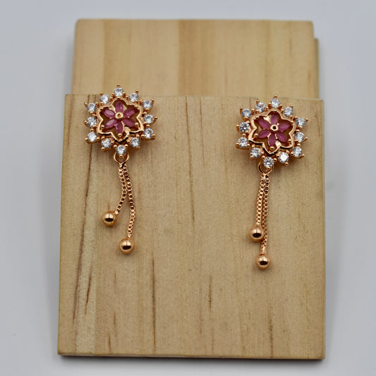 Rose-Gold Plated Floral Stud Earrings with Dangling Chain Drops