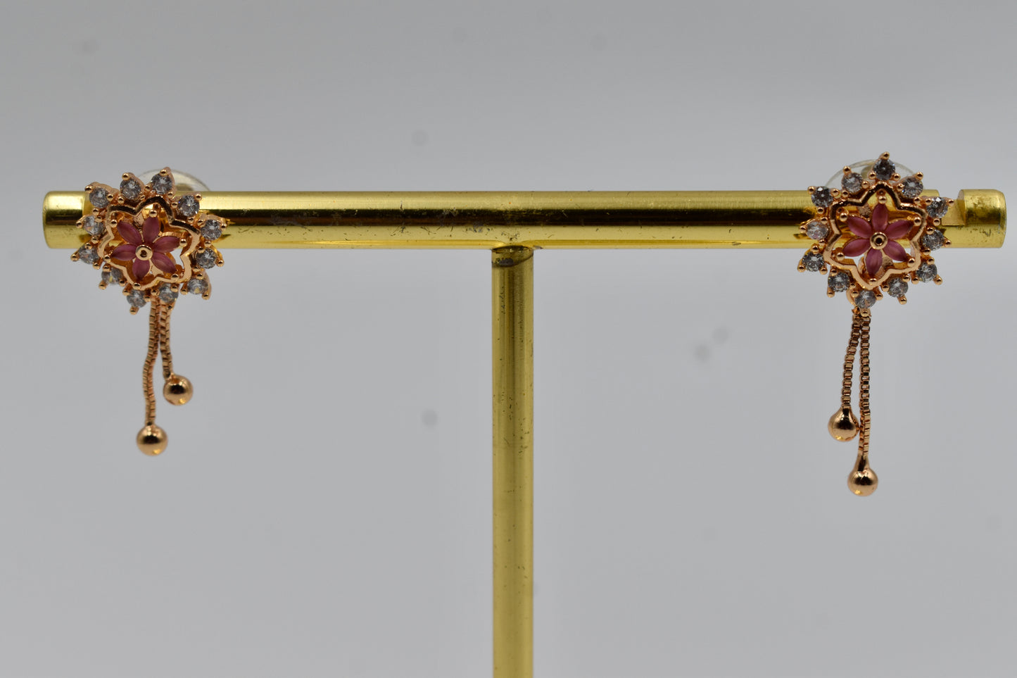 Rose-Gold Plated Floral Stud Earrings with Dangling Chain Drops