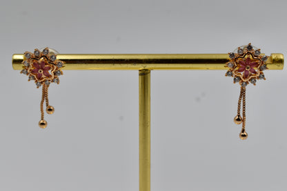 Rose-Gold Plated Floral Stud Earrings with Dangling Chain Drops