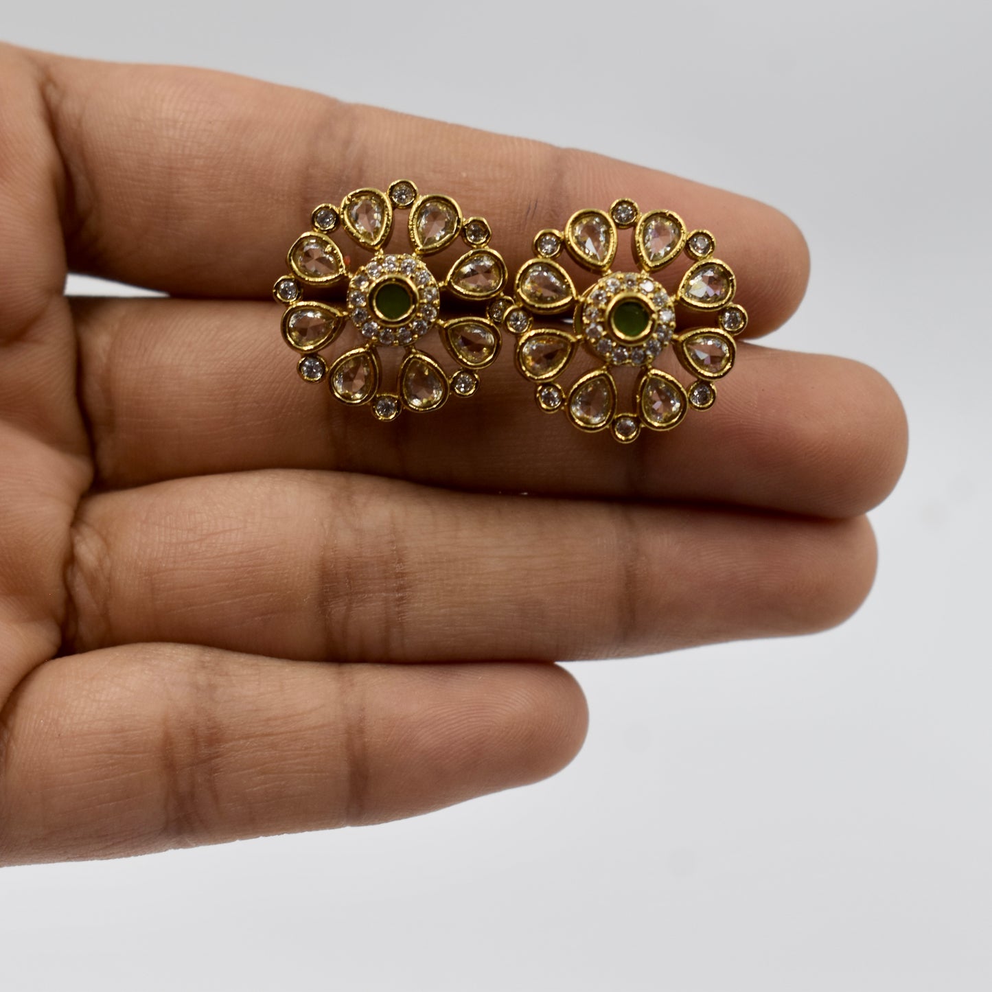 Gold-Plated Green Stone Kundan Stud Earrings