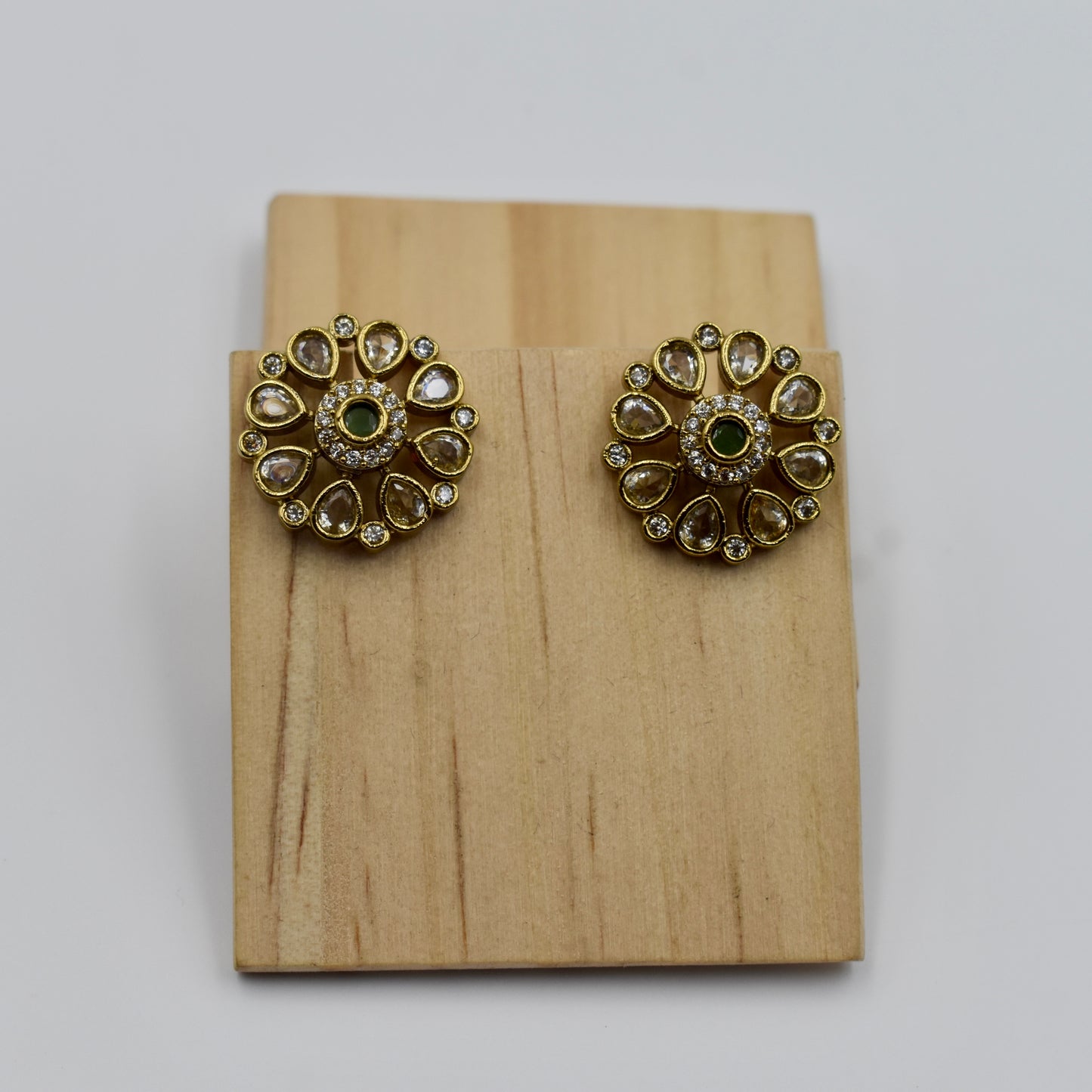 Gold-Plated Green Stone Kundan Stud Earrings