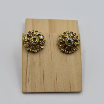 Gold-Plated Green Stone Kundan Stud Earrings