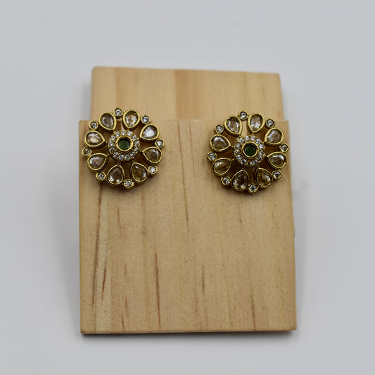 Gold-Plated Green Stone Kundan Stud Earrings