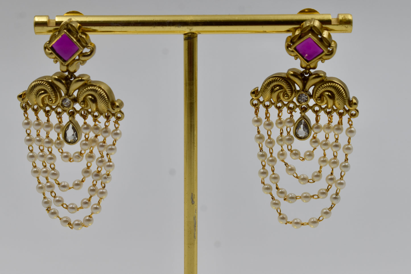 Gold-Plated Kundan Pearl Chain Earrings with Ruby Stud