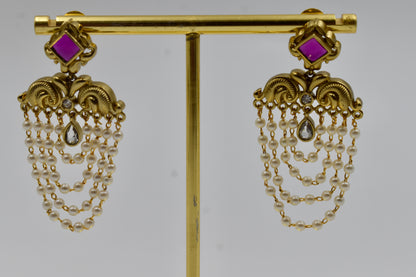 Gold-Plated Kundan Pearl Chain Earrings with Ruby Stud