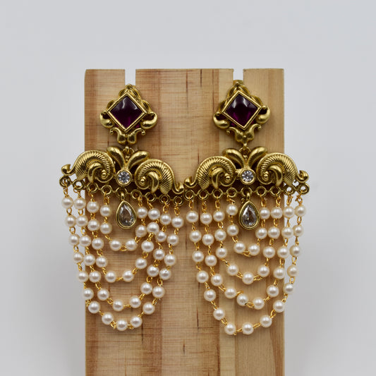 Gold-Plated Kundan Pearl Chain Earrings with Ruby Stud