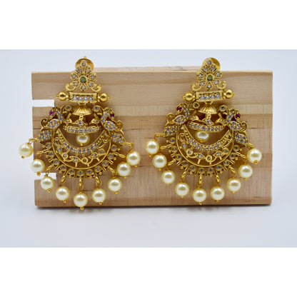 Gold-Plated Kundan Peacock Motif Chandbali Earrings with Pearls