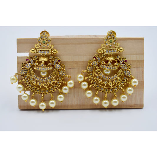 Gold-Plated Kundan Peacock Motif Chandbali Earrings with Pearls