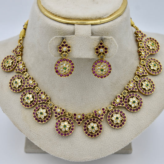 Royal Ruby Circle Necklace Set – Imitation Gold Temple Finish