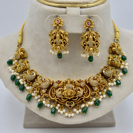 Antique Temple Design Imitation Necklace Set with Lakshmi Motif & Green Beads