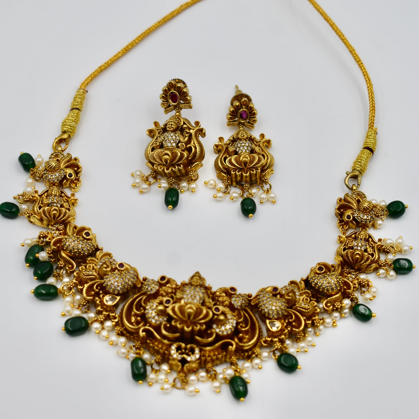 Antique Temple Design Imitation Necklace Set with Lakshmi Motif & Green Beads