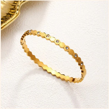 Anti-Tarnish Hexagon Design Bracelet with Stone Accents – Imitation Gold Finish