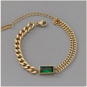 Anti-Tarnish Chain Bracelet with Emerald Green Stone – Imitation Gold Finish
