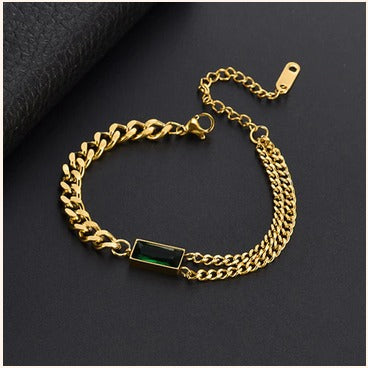 Anti-Tarnish Chain Bracelet with Emerald Green Stone – Imitation Gold Finish