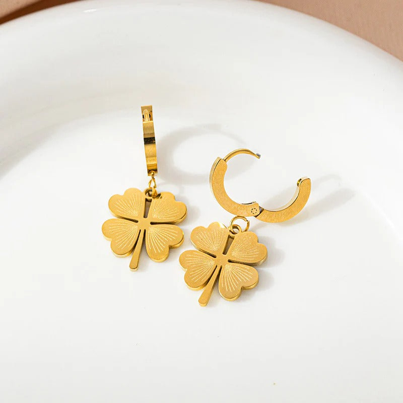Anti-Tarnish Four-Leaf Clover Drop Earrings – Imitation Gold Finish