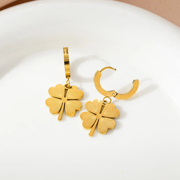 Anti-Tarnish Four-Leaf Clover Drop Earrings – Imitation Gold Finish