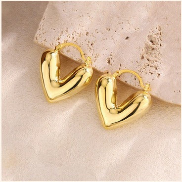 Anti-Tarnish Puffy Heart Hoop Earrings – Imitation Gold